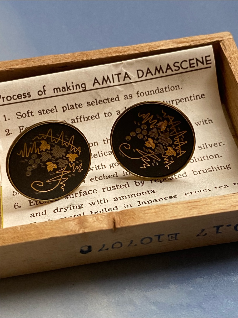 Vintage Japanese Amita Damascene Clip On Earrings with Original Box